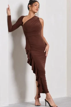 Compass | Brown One-Sleeved Cut-Out Maxi Dress With Ruffle