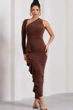 Compass | Brown One-Sleeved Cut-Out Maxi Dress With Ruffle