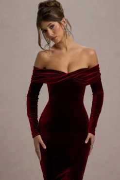 Compliment | Berry Velvet Bardot Midi Dress