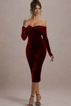 Compliment | Berry Velvet Bardot Midi Dress