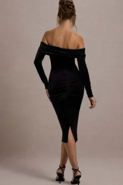 Compliment | Black Velvet Bardot Midi Dress