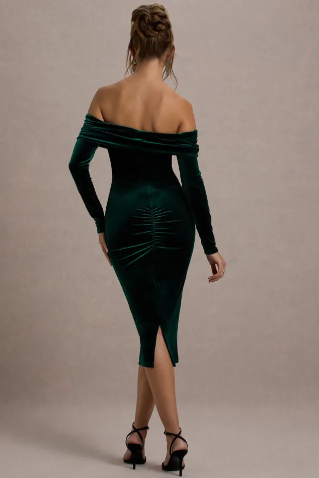 Compliment | Bottle Green Velvet Bardot Midi Dress