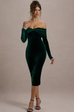 Compliment | Bottle Green Velvet Bardot Midi Dress