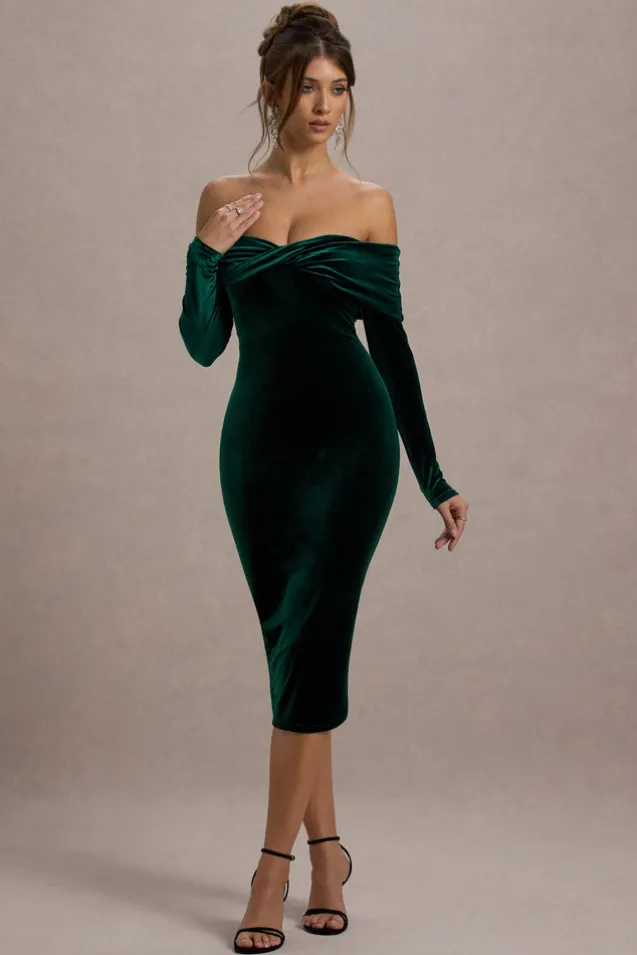 Compliment | Bottle Green Velvet Bardot Midi Dress