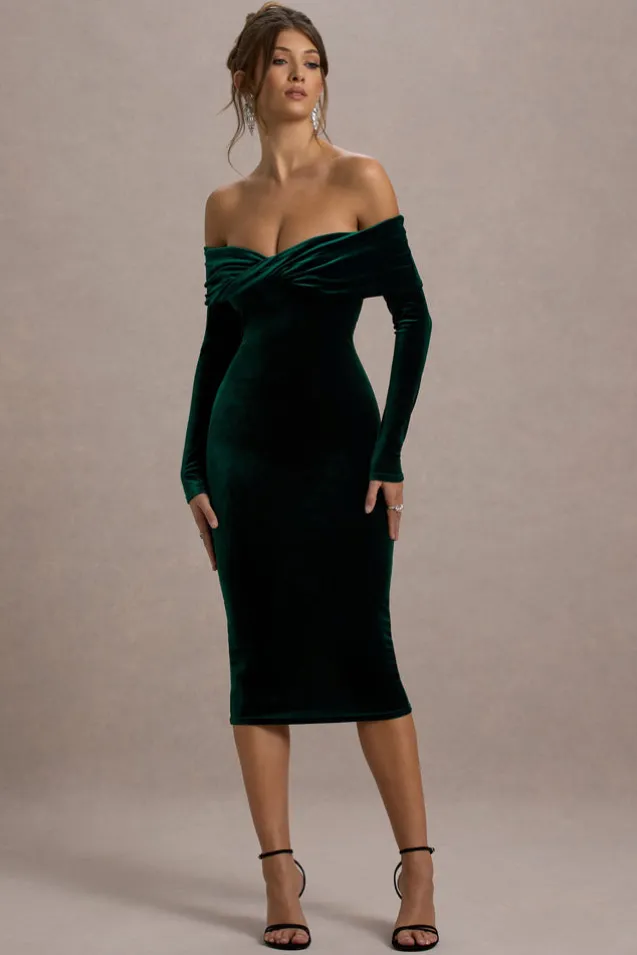 Compliment | Bottle Green Velvet Bardot Midi Dress
