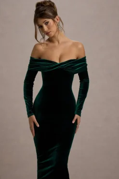 Compliment | Bottle Green Velvet Bardot Midi Dress