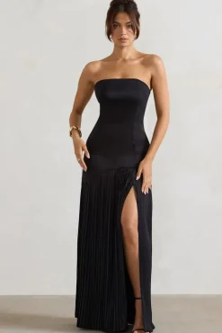 Confidence | Black Satin Bandeau Pleated Split Maxi Dress