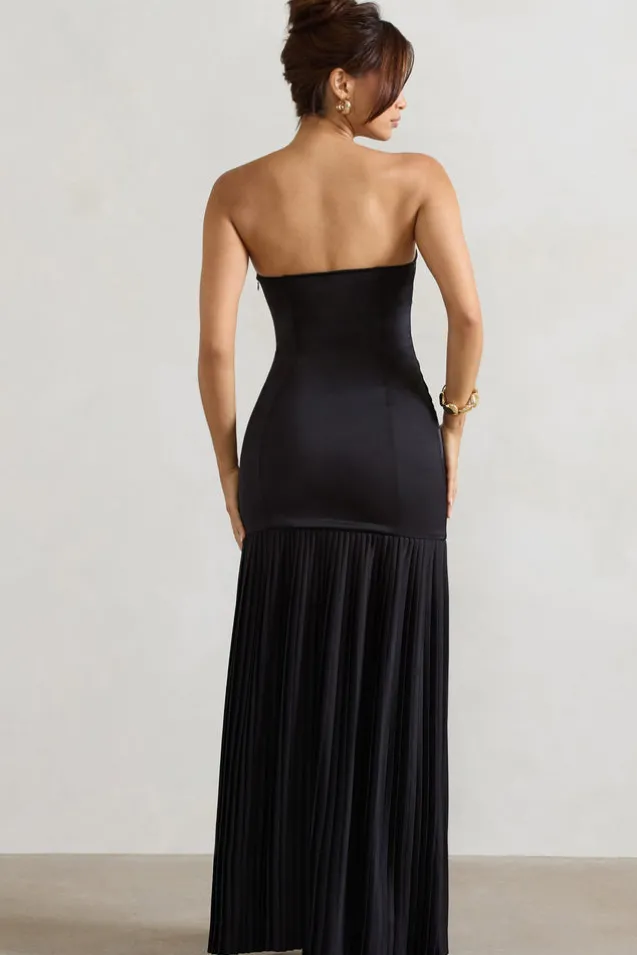 Confidence | Black Satin Bandeau Pleated Split Maxi Dress