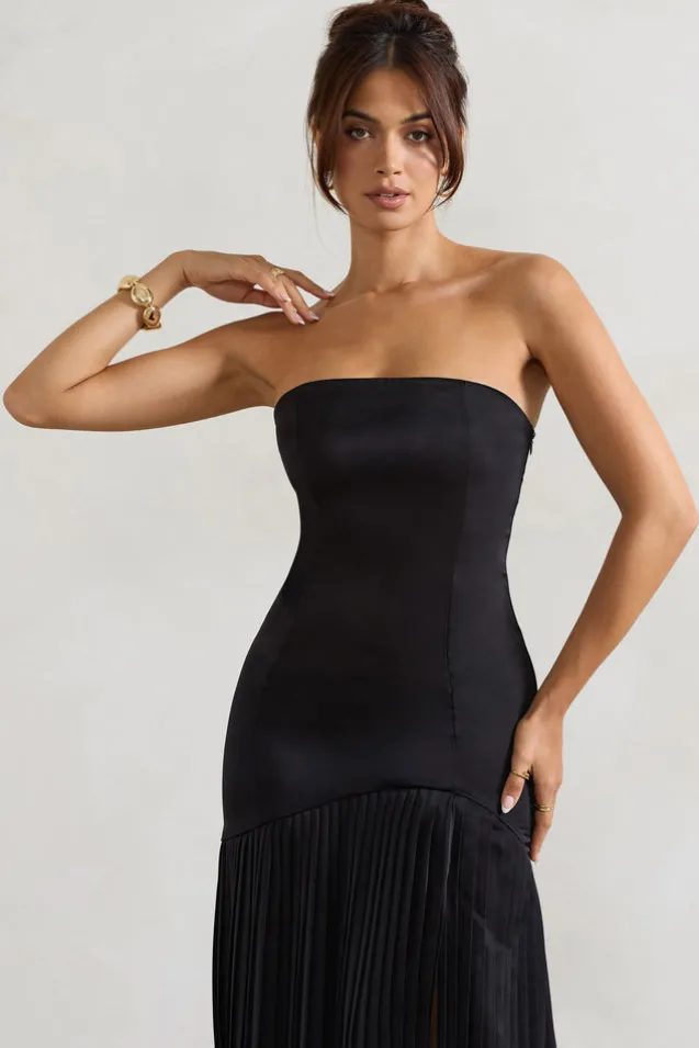 Confidence | Black Satin Bandeau Pleated Split Maxi Dress