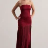 Confidence | Burgundy Satin Bandeau Pleated Split Maxi Dress