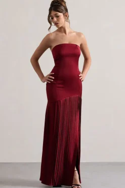 Confidence | Burgundy Satin Bandeau Pleated Split Maxi Dress