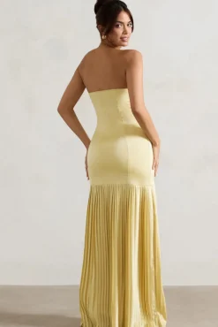 Confidence | Lemon Satin Bandeau Pleated Split Maxi Dress