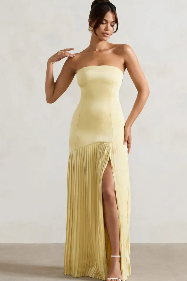 Confidence | Lemon Satin Bandeau Pleated Split Maxi Dress