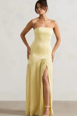 Confidence | Lemon Satin Bandeau Pleated Split Maxi Dress