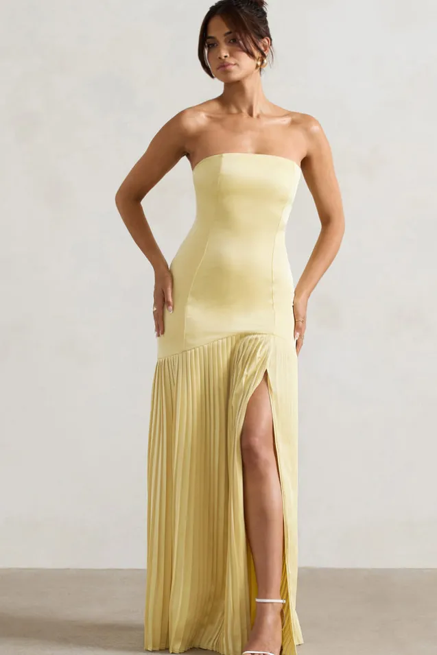 Confidence | Lemon Satin Bandeau Pleated Split Maxi Dress
