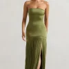 Confidence | Olive Satin Bandeau Pleated Split Maxi Dress