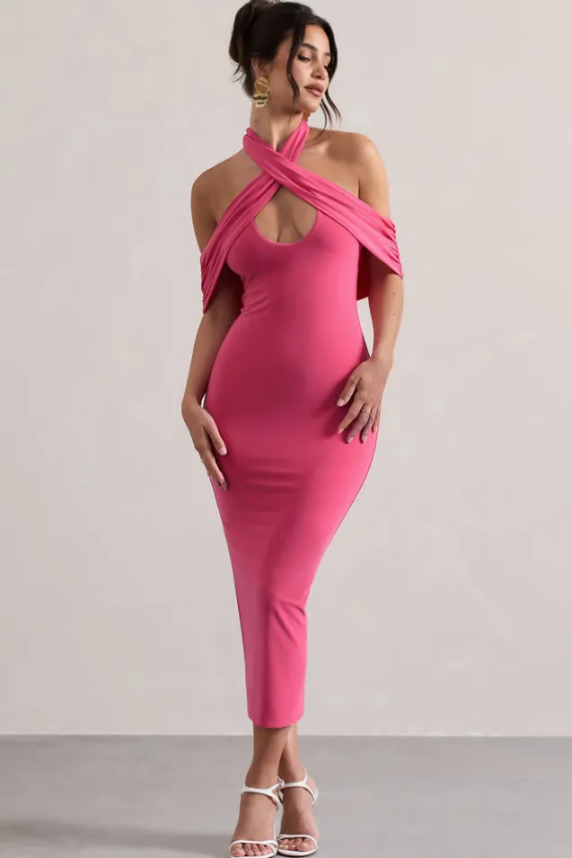 Connect | Pink Bodycon Halter-Neck Midi Dress With Cut-Out