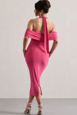 Connect | Pink Bodycon Halter-Neck Midi Dress With Cut-Out