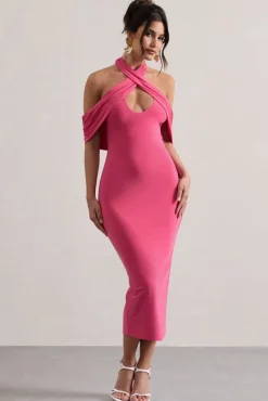 Connect | Pink Bodycon Halter-Neck Midi Dress With Cut-Out