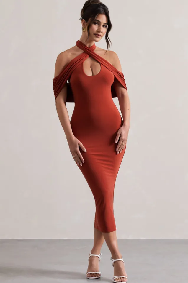 Connect | Terracotta Bodycon Halter-Neck Midi Dress With Cut-Out