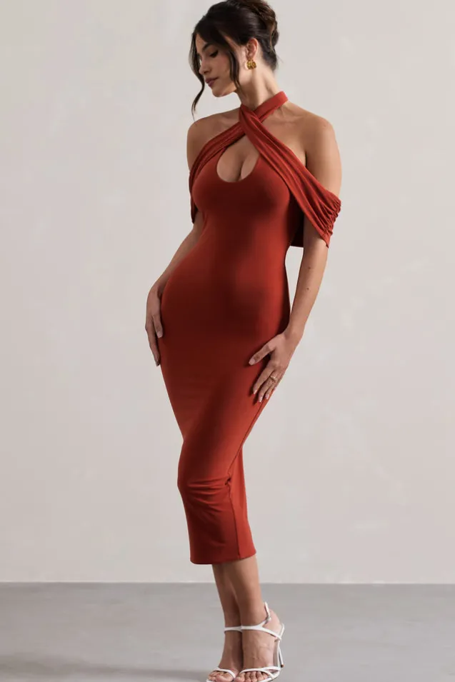 Connect | Terracotta Bodycon Halter-Neck Midi Dress With Cut-Out
