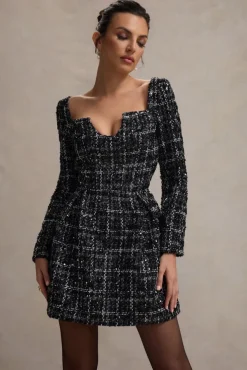 Contessa | Black Boucle Long-Sleeve Mini Dress