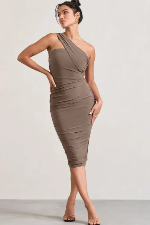 Contour | Mocha One Shoulder Bodycon Midi Dress