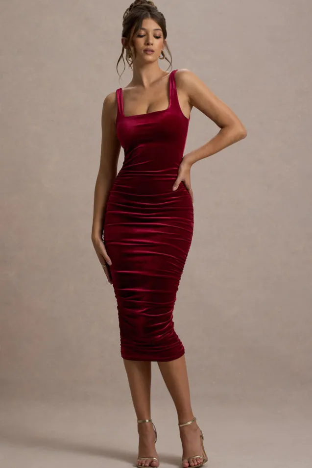 Cora | Berry Velvet Square-Neck Bodycon Midi Dress
