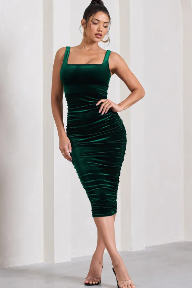 Cora | Bottle Green Velvet Square Neck Bodycon Midi Dress