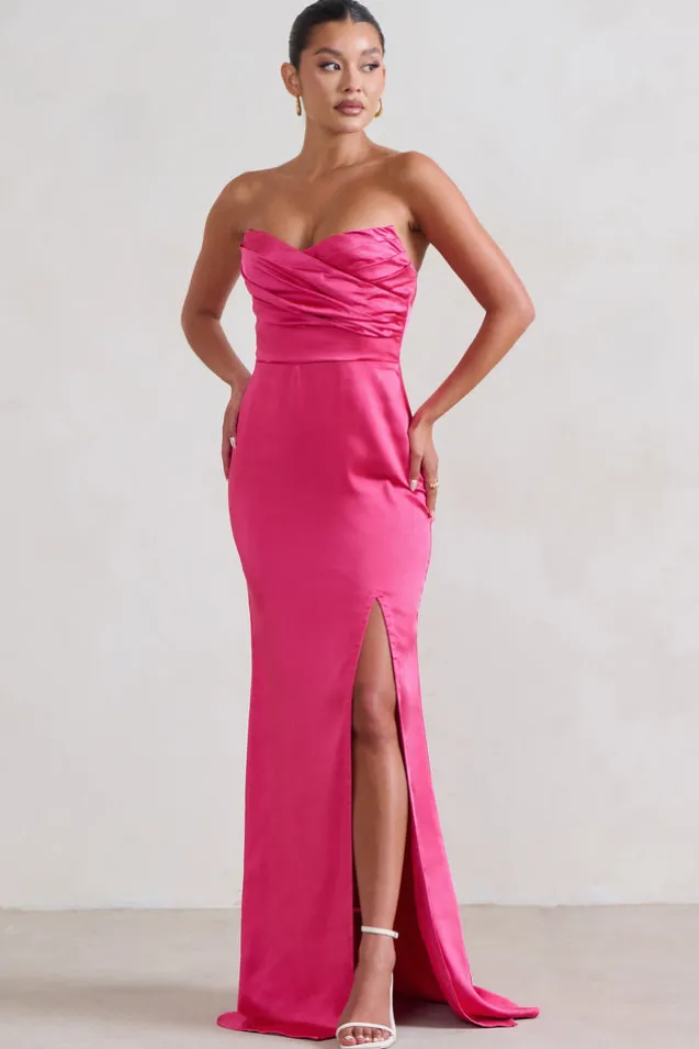 Coraline | Hot Pink Strapless Maxi dress With Split