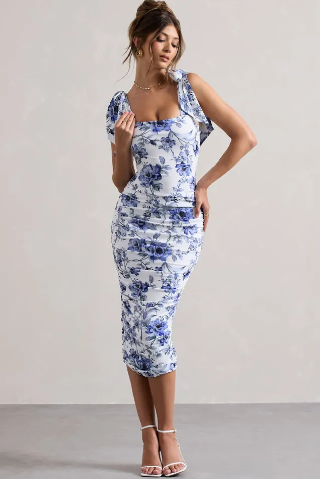 Cordelia | Floral Print Bodycon Midi Dress With Bow Straps