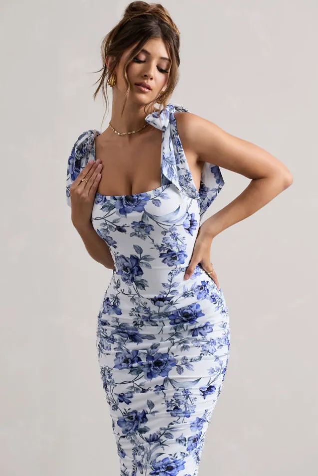 Cordelia | Floral Print Bodycon Midi Dress With Bow Straps