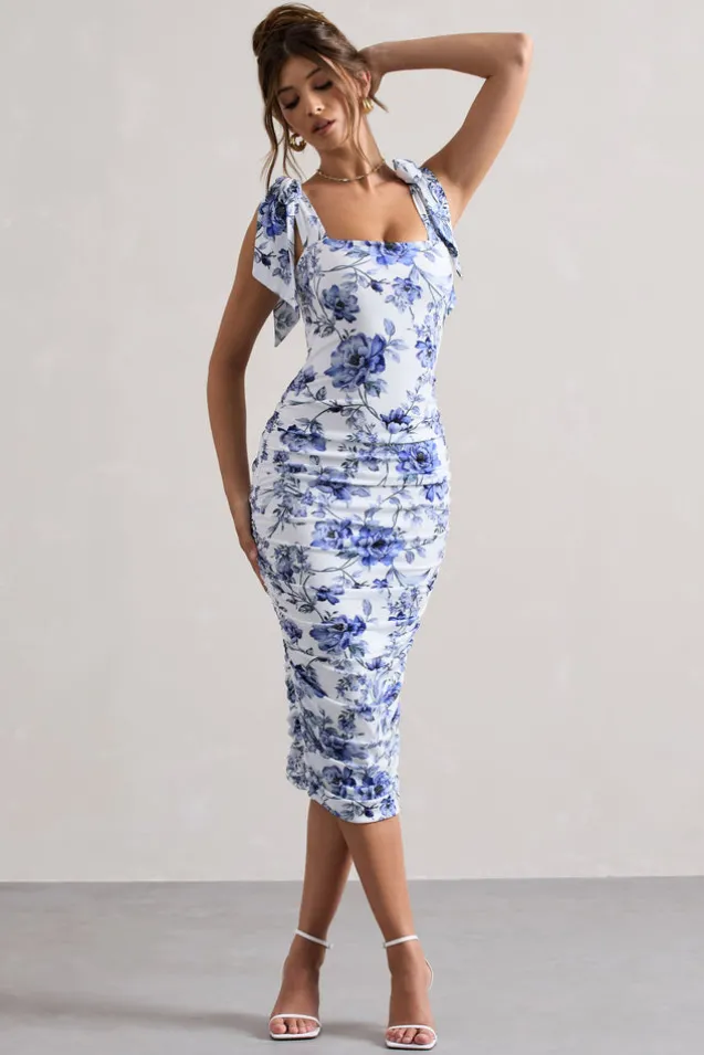 Cordelia | Floral Print Bodycon Midi Dress With Bow Straps
