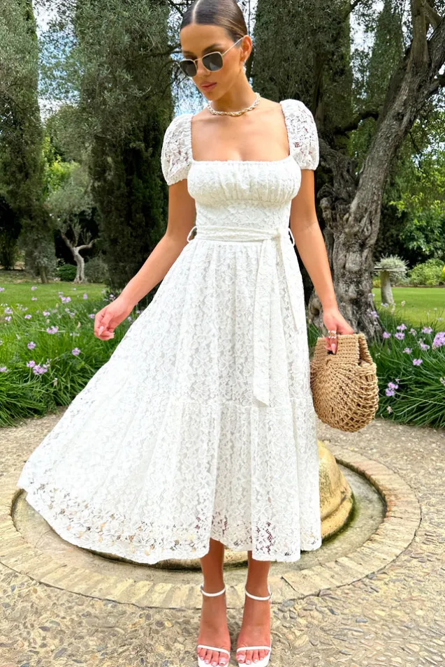 Corfu | White Lace Puff-Sleeve Belted Midi Dress