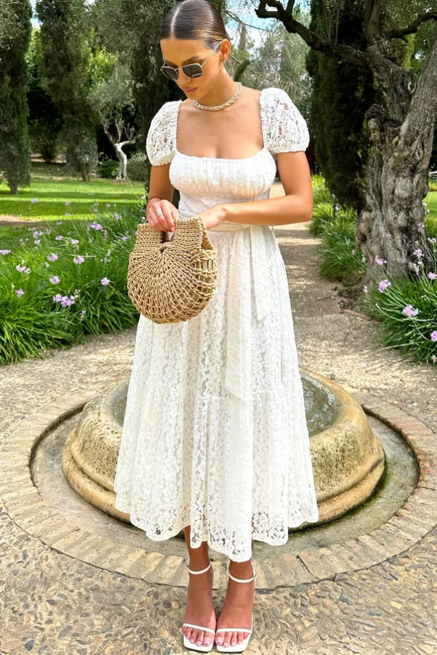 Corfu | White Lace Puff-Sleeve Belted Midi Dress