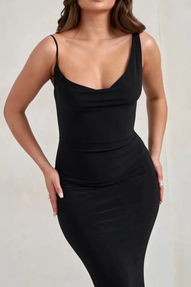 Corinne | Black Asymmetric Cowl Neck Backless Maxi Dress