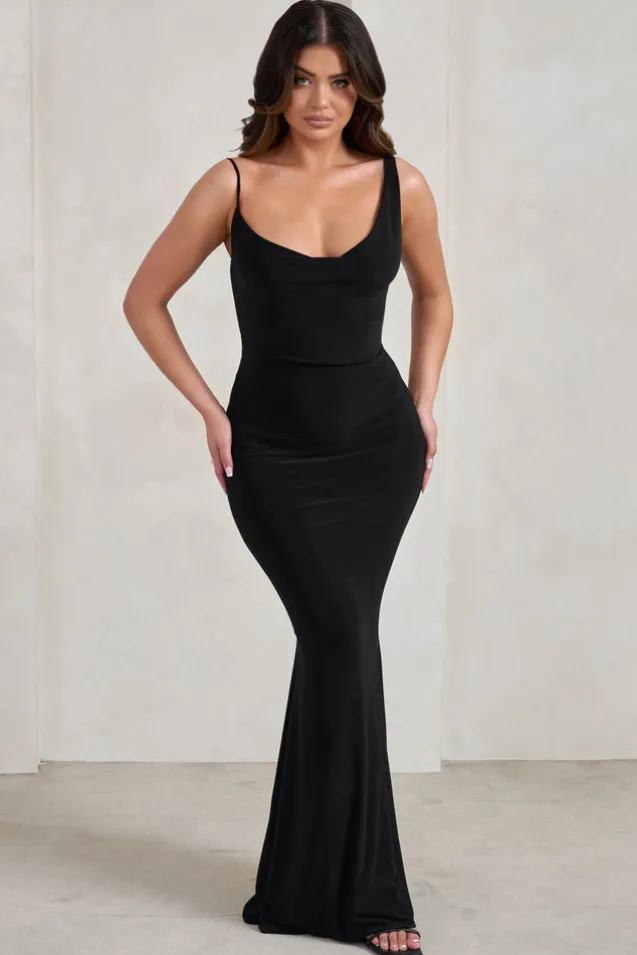 Corinne | Black Asymmetric Cowl Neck Backless Maxi Dress
