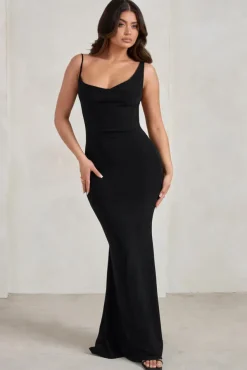Corinne | Black Asymmetric Cowl Neck Backless Maxi Dress