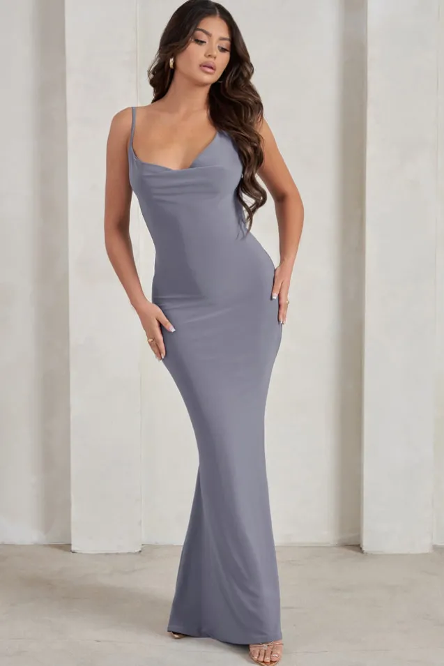 Corinne | Grey Asymmetric Cowl Neck Backless Maxi Dress