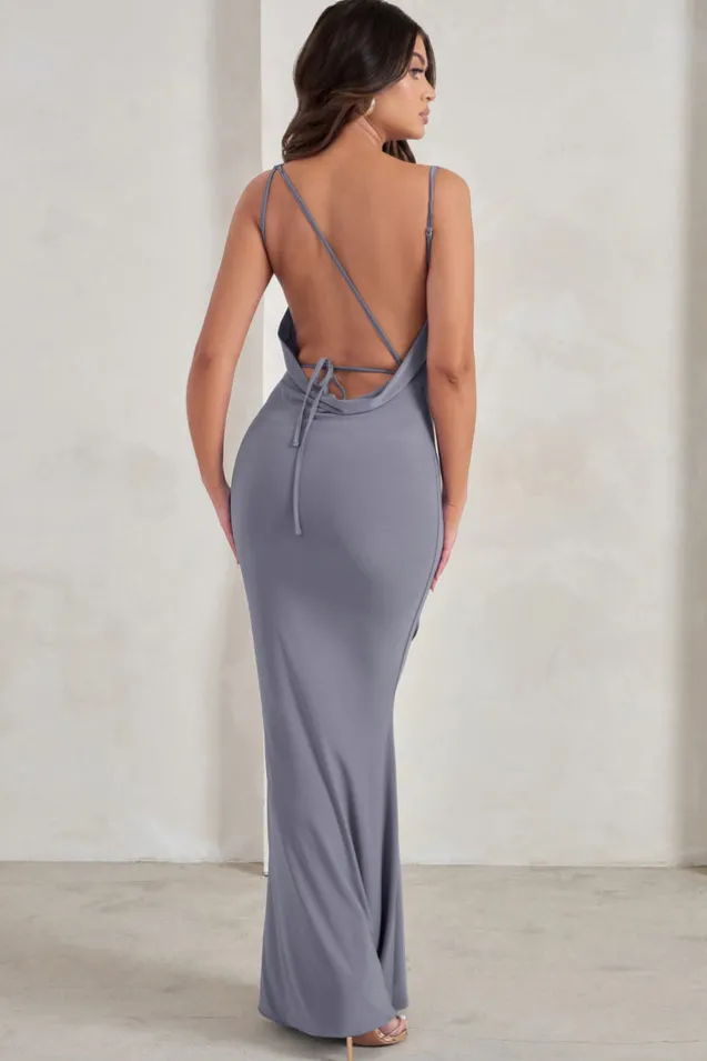 Corinne | Grey Asymmetric Cowl Neck Backless Maxi Dress