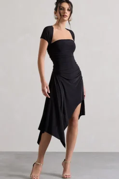 Corsica | Black Gathered Mesh Long-Sleeve Draped Mini Dress