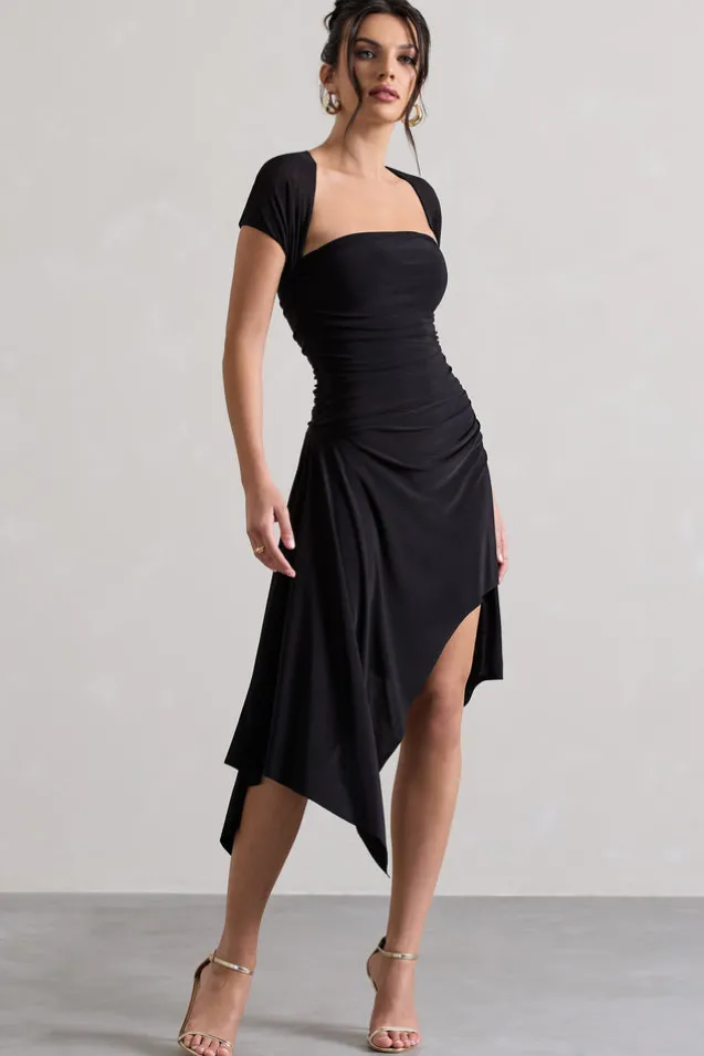 Corsica | Black Gathered Mesh Long-Sleeve Draped Mini Dress