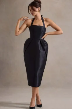 Cosetta | Black Halter-Neck Midi Dress With Tulip Skirt