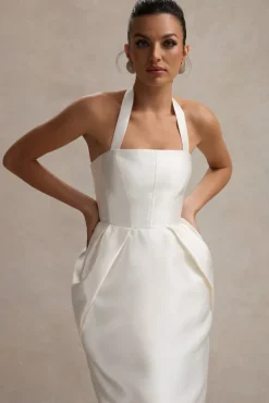 Cosetta | White Halter-Neck Midi Dress With Tulip Skirt