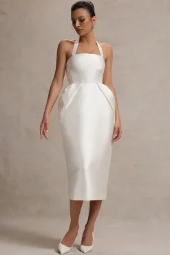 Cosetta | White Halter-Neck Midi Dress With Tulip Skirt