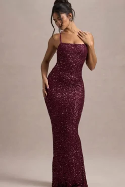 Cosmic | Berry Sequin Square-Neck Strappy Maxi Dress