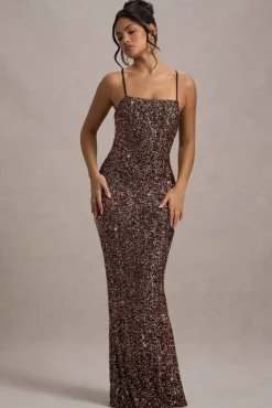 Cosmic | Bronze Sequin Square-Neck Strappy Maxi Dress