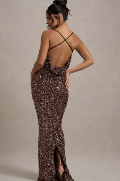 Cosmic | Bronze Sequin Square-Neck Strappy Maxi Dress