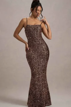 Cosmic | Bronze Sequin Square-Neck Strappy Maxi Dress