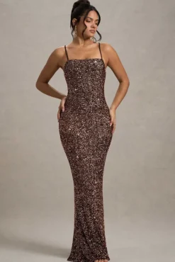 Cosmic | Bronze Sequin Square-Neck Strappy Maxi Dress